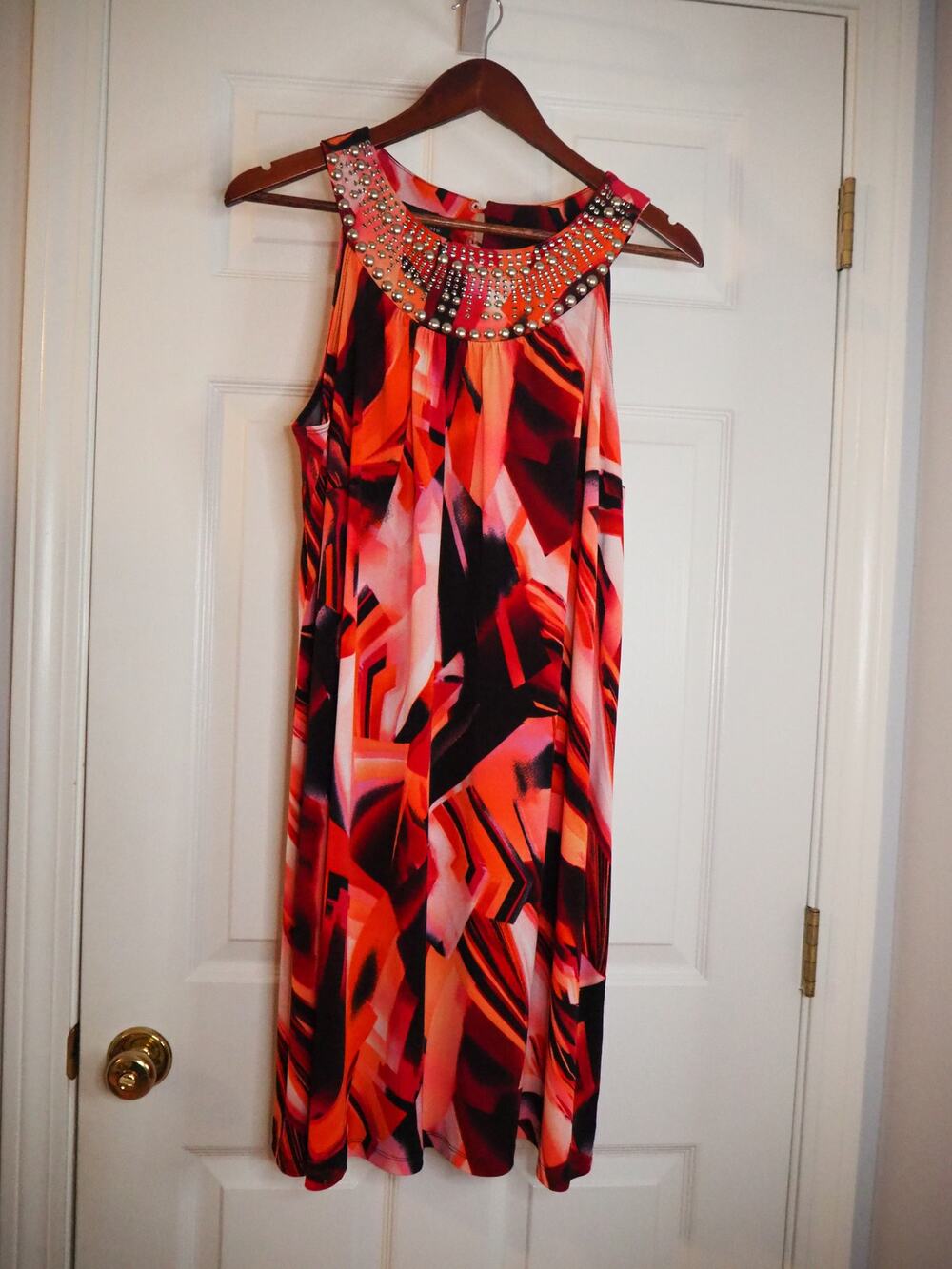 AB Studio Dress XL Orange Abstract Print Silver Studded Neckline Sleeveless NWT